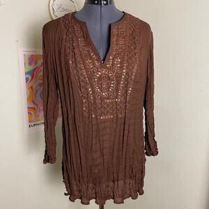 y2k vintage 00's brown pleated beaded embroidered boho fairy tunic | size M/L